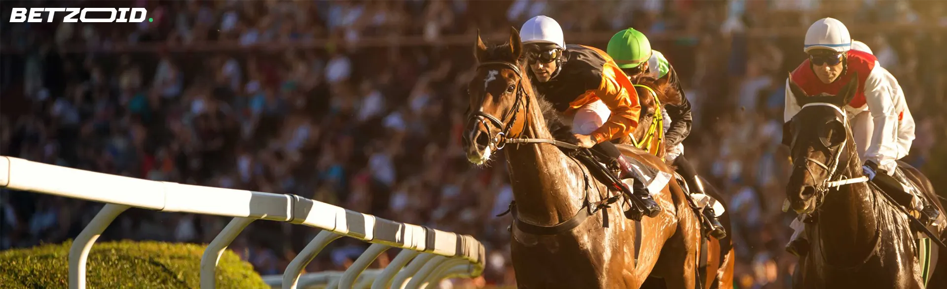 Jockeys riding horses in a competitive race, emphasizing a secure online bookmakers for horse racing enthusiasts in Canada.