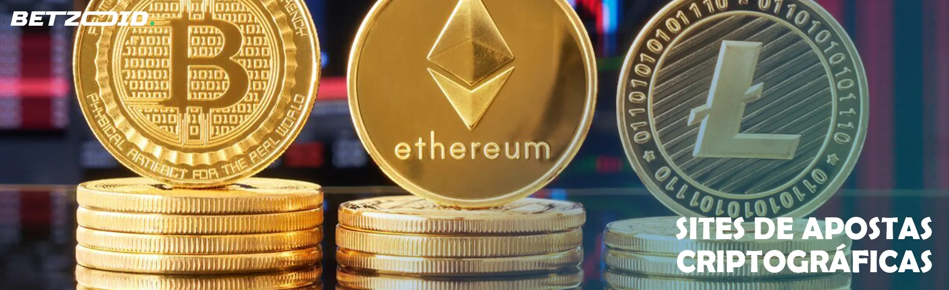 Moedas criptomoeda Bitcoin, Ethereum e Litecoin.