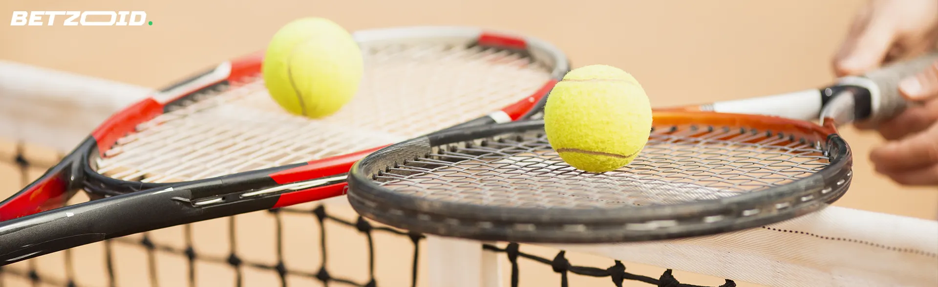 Due racchette da tennis con una palla sulla rete.