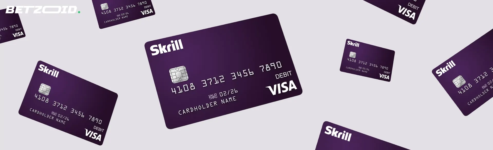 Skrill cards on a light background.