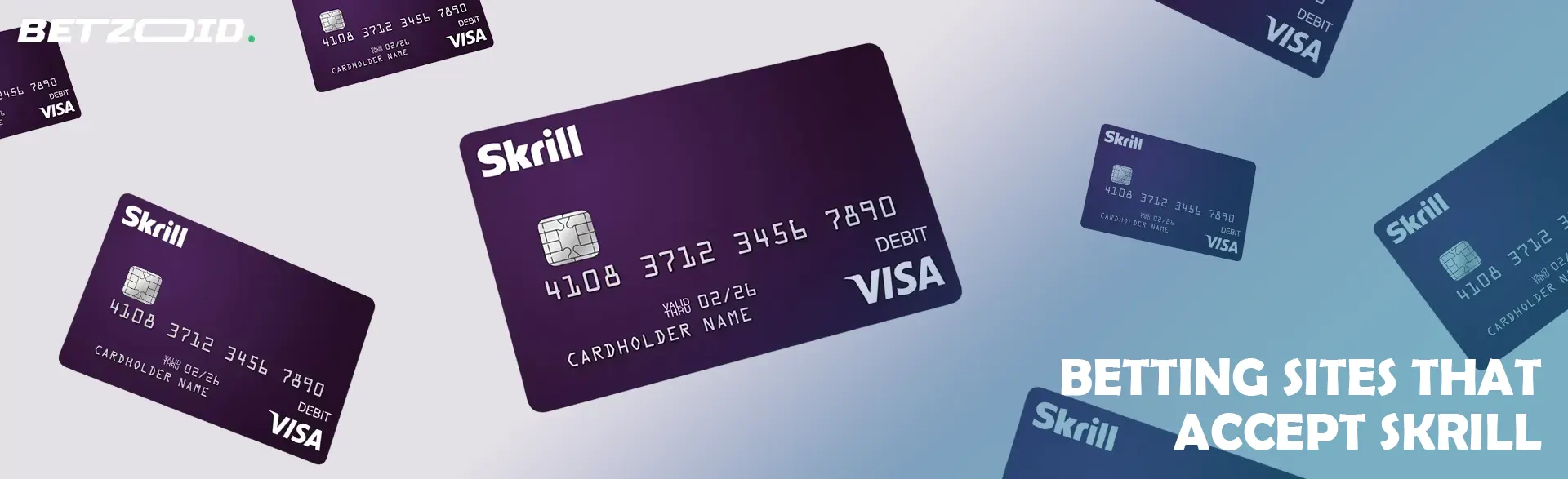 Skrill cards on a light background.