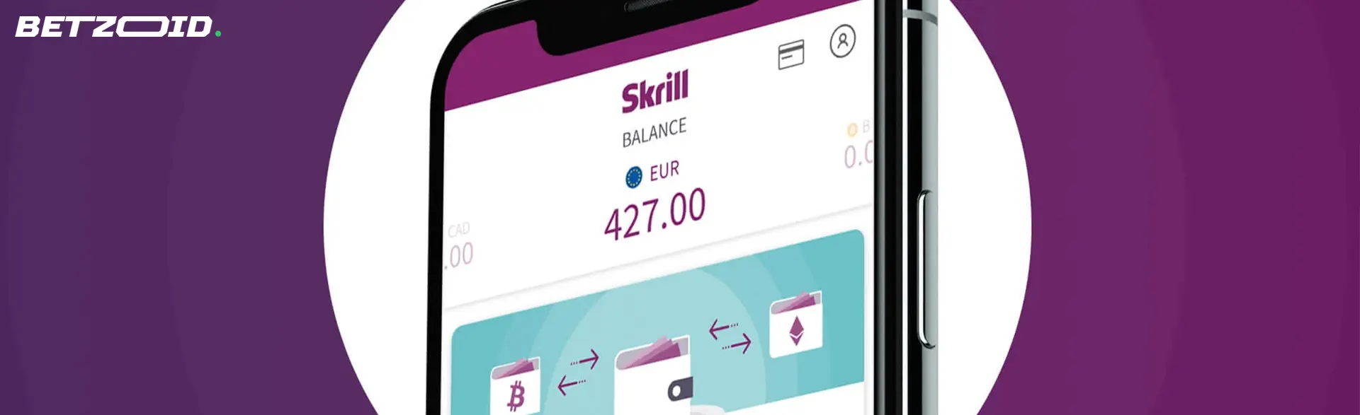 A smartphone with a balance in the Skrill app.