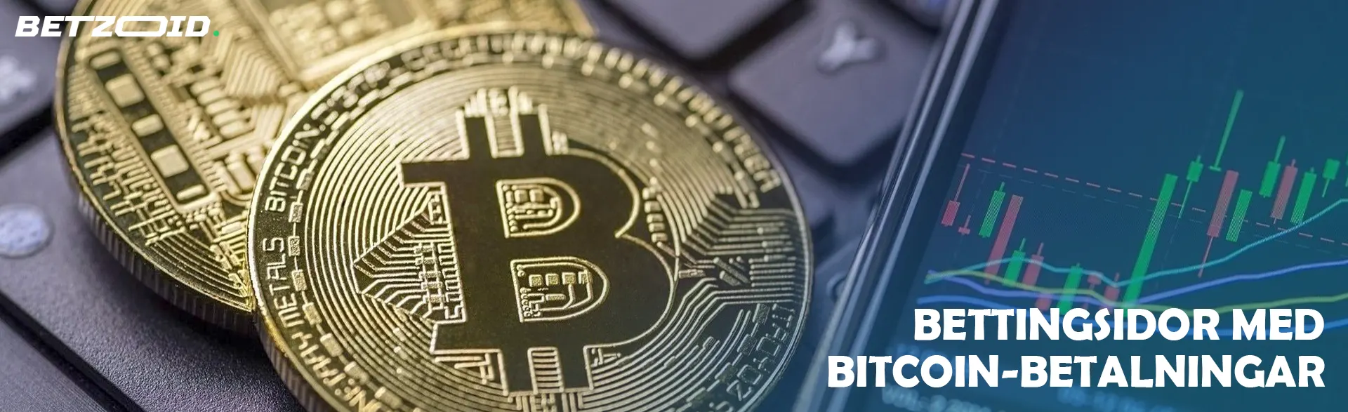 Bitcoinmynt ligger på tangentbordet bredvid en smartphone med grafer.