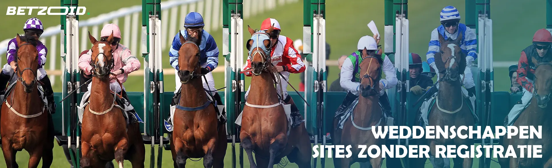 Jockeys op paarden aan de start van de race.