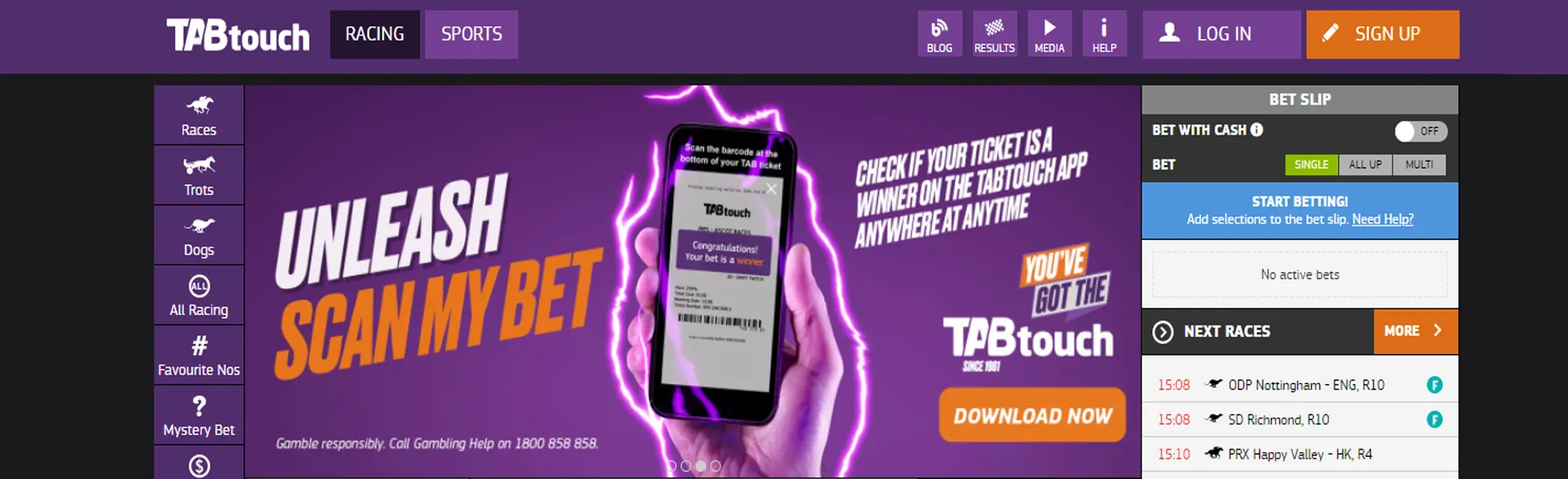 TABtouch mobile page featuring app for betting on races.