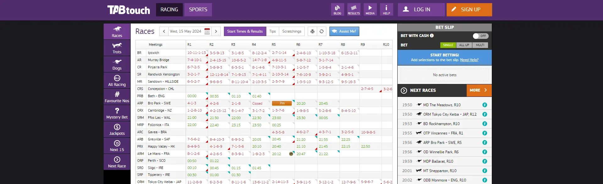 TABtouch online page displaying race schedules, betting options, and upcoming races.