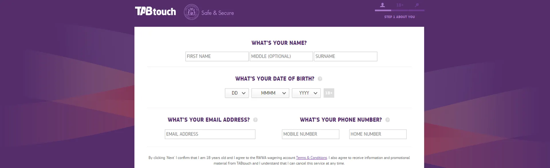 TABtouch sign up page.