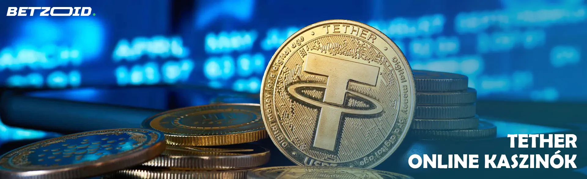 Tether kriptovaluta érme grafikonok hátterében.