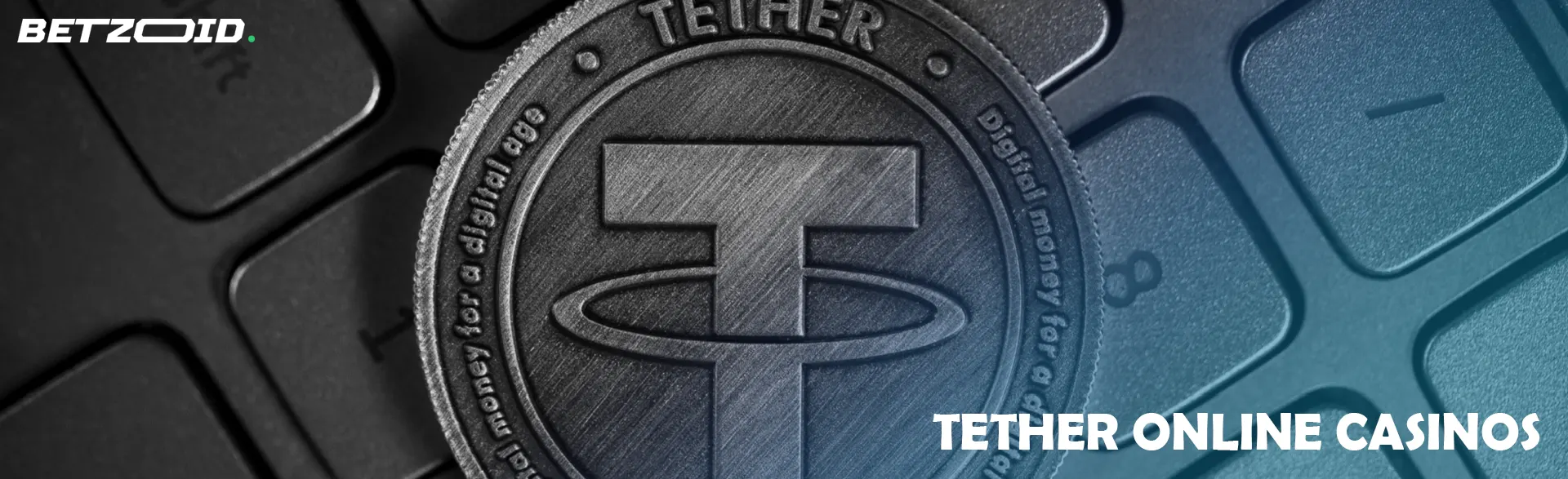 A Tether cryptocurrency coin lies on the keyboard.