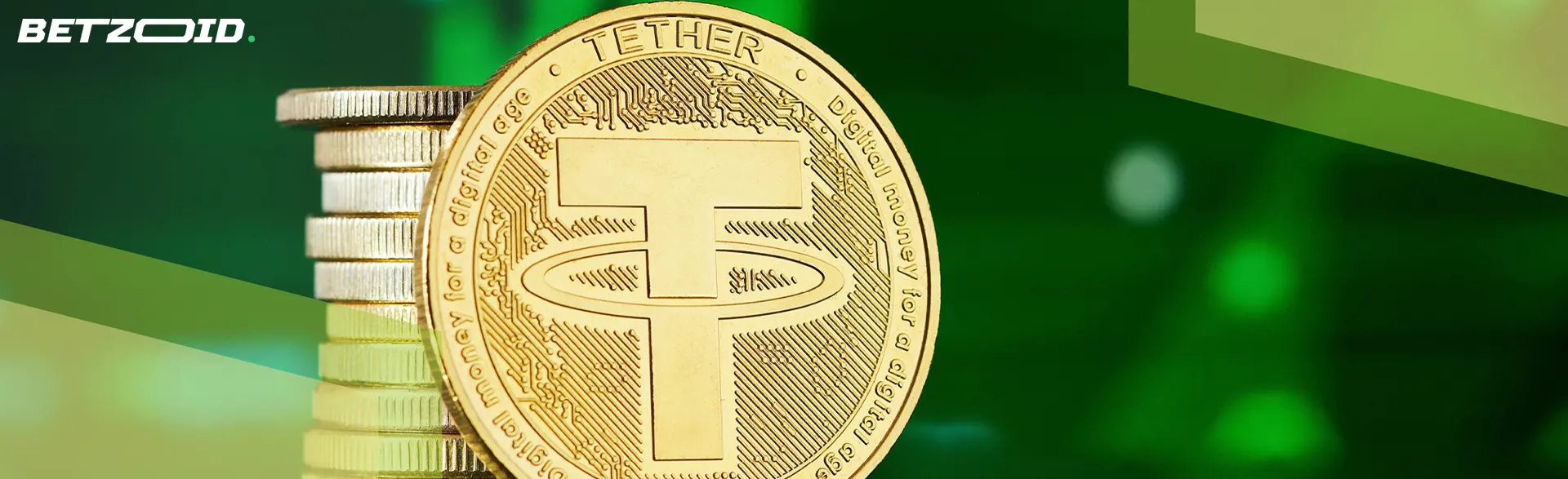 Tether kriptovaluta érmék zöld háttérrel.