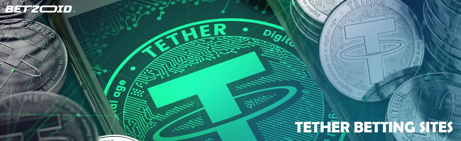 Tether logo on smartphone screen surrounded by Tether cryptocurrency coins.