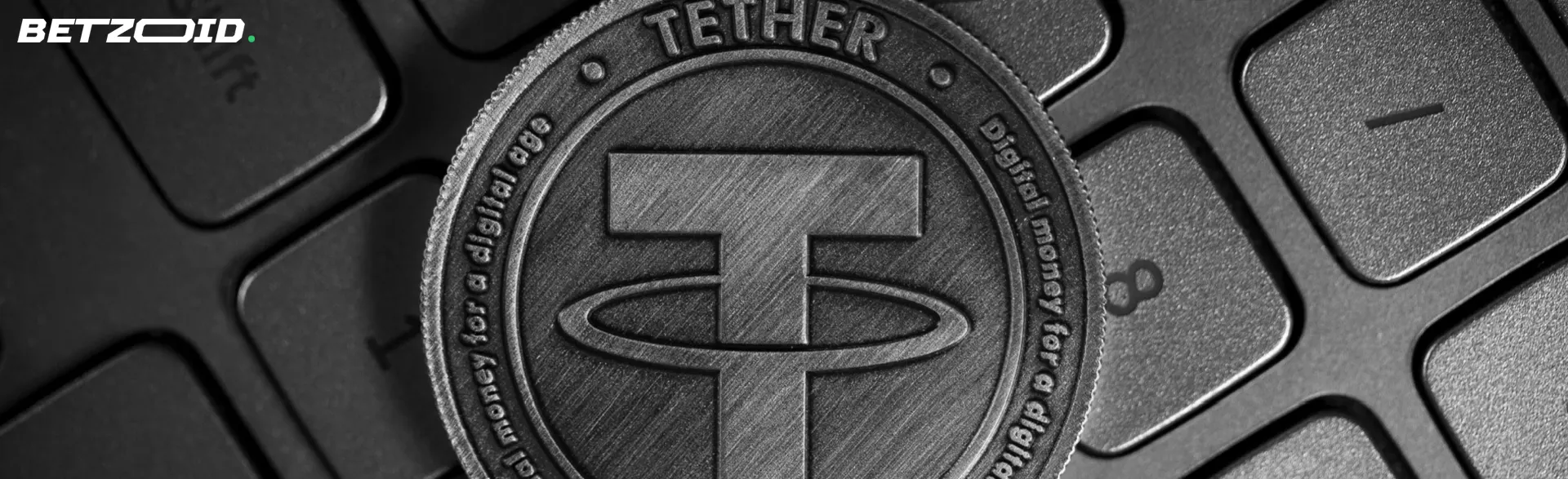 Egy Tether érme fekszik a billentyűzeten.