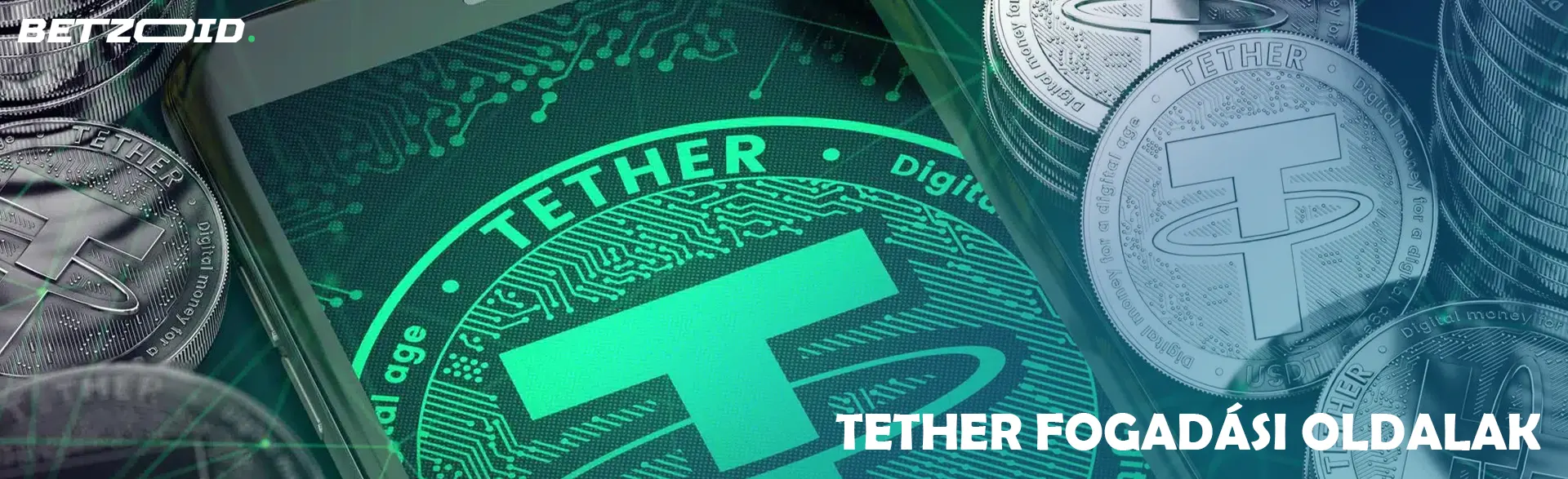 Egy okostelefon, amelyet Tether érmék vesznek körül.