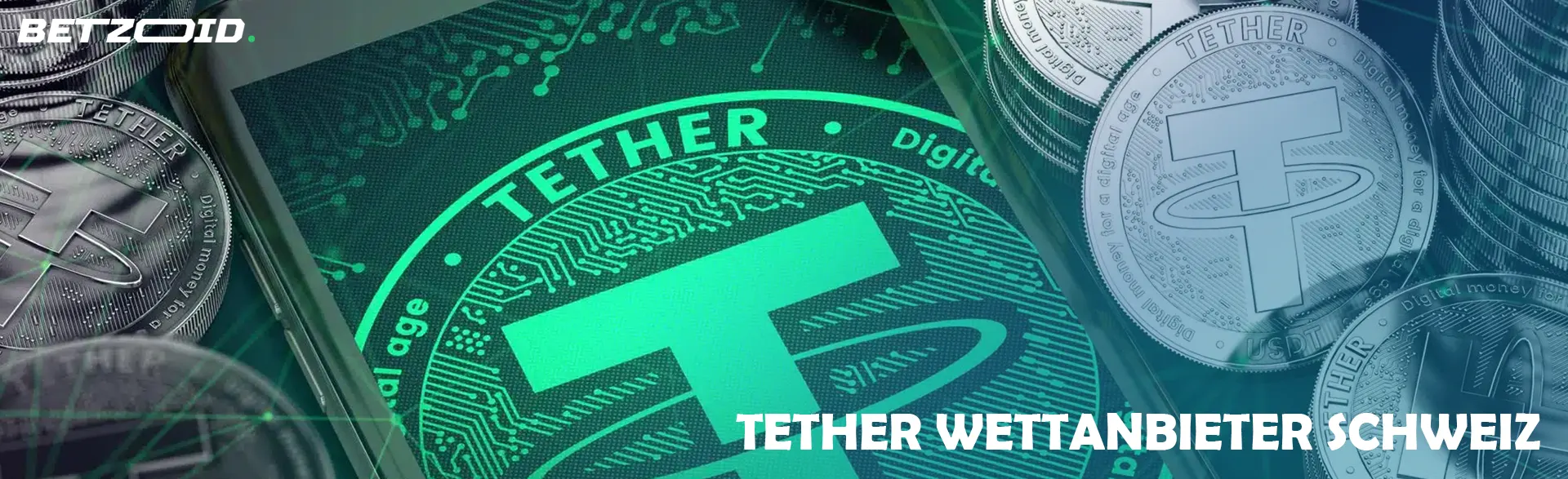 Ein Smartphone, umgeben von Tether-Kryptowährungsmünzen.