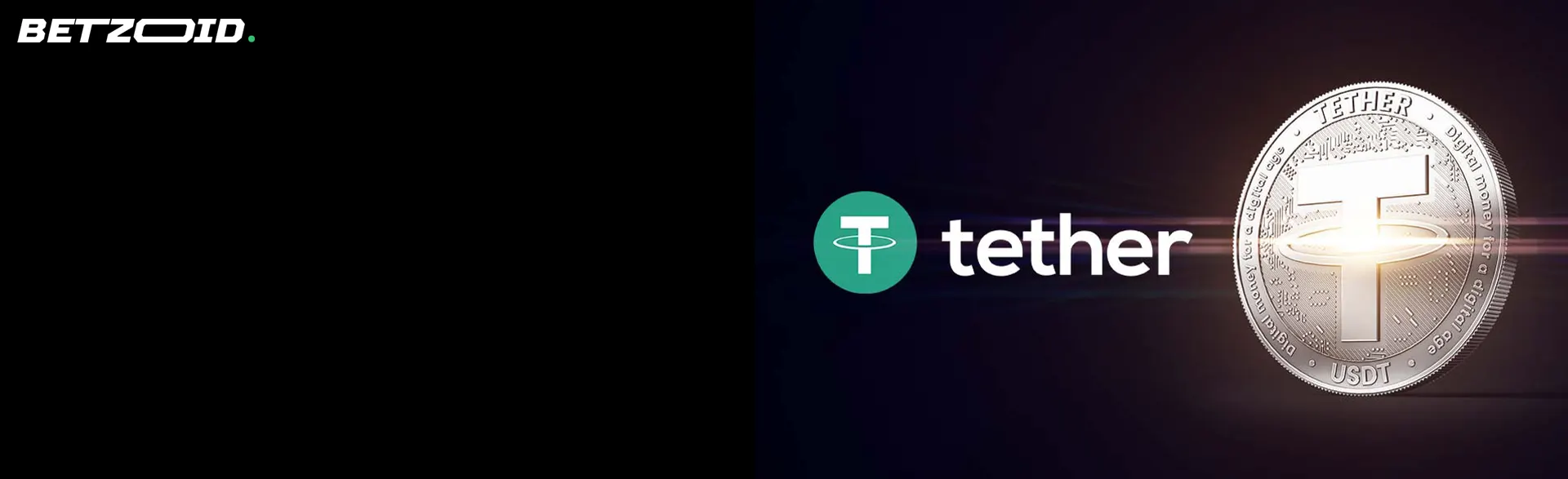 Tether-Logo und -Münze auf dunklem Hintergrund.