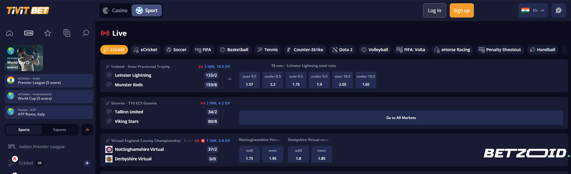 TivitBet live betting options for cricket and other sports.