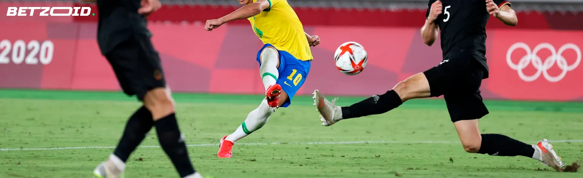 Soccer players in action during a match.