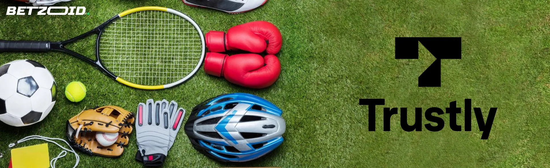 Trustly logo against the background of various sports equipment.