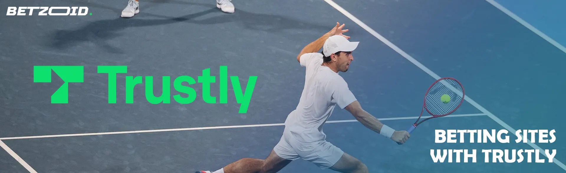 Trustly logo on the background of a tennis player hitting the ball.