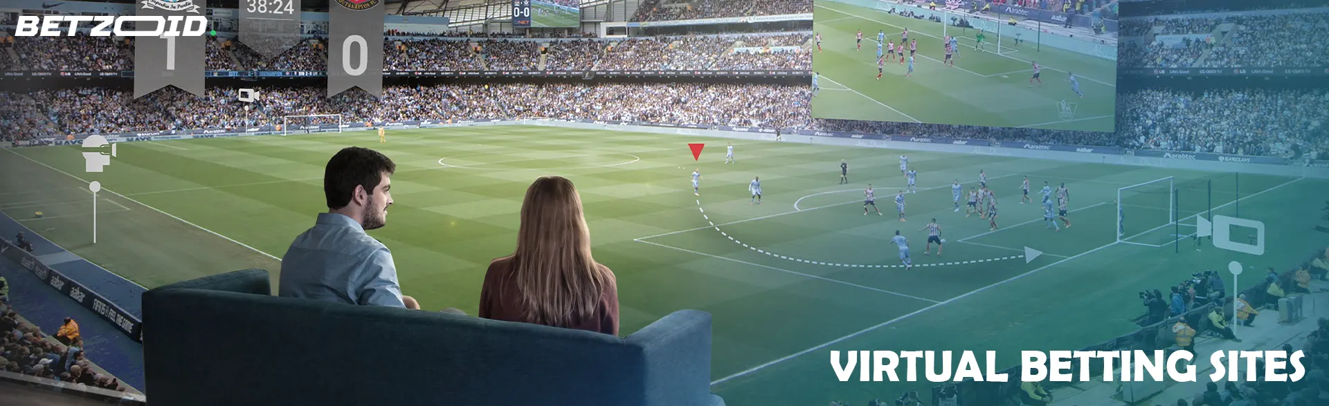 A stadium with virtual football elements where two people watch the game.