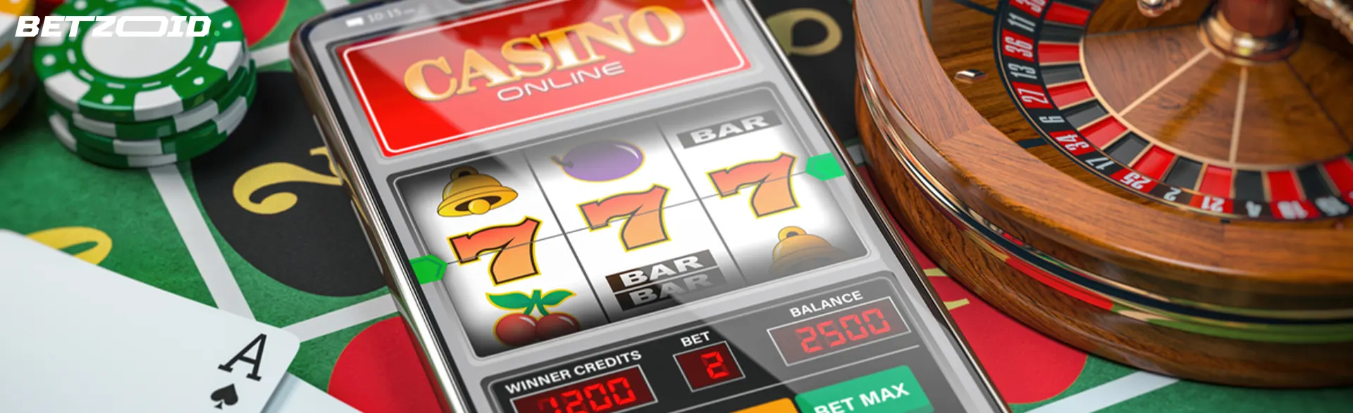 Smarttelefon med nettcasino omgitt av kort, sjetonger og rulett.