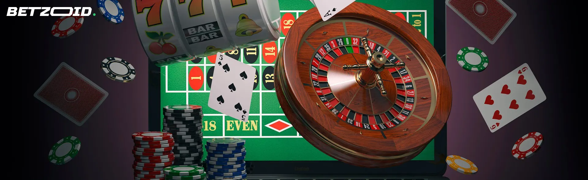 Roulette, Karten, Casino-Chips fliegen vom Laptop-Bildschirm.