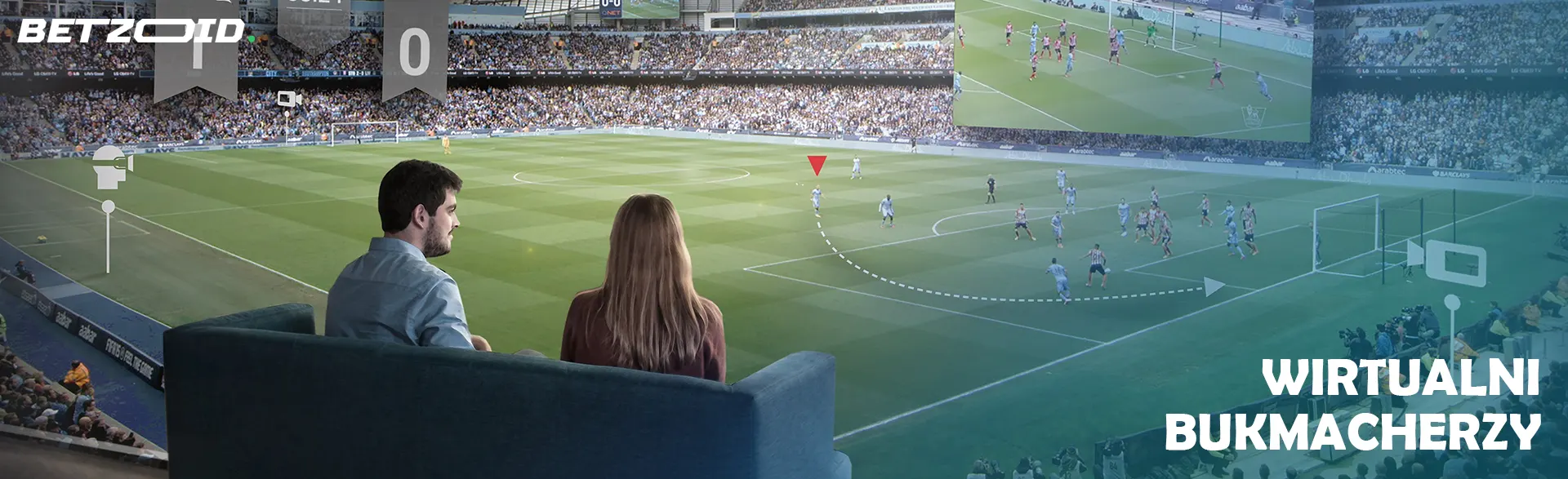 Ludzie siedzą na kanapie i oglądają wirtualny stadion piłkarski.