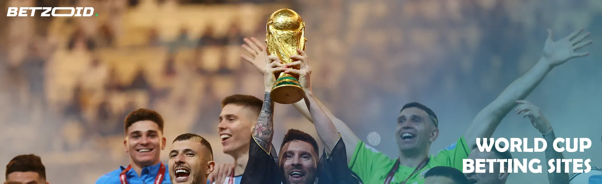 Football players rejoice and hold the World Cup in their hands.